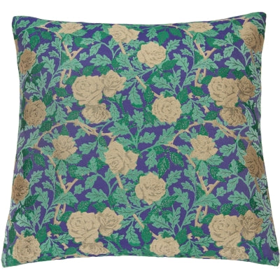 Pude med grønne blade og gyldne blomster, på en lilla baggrund