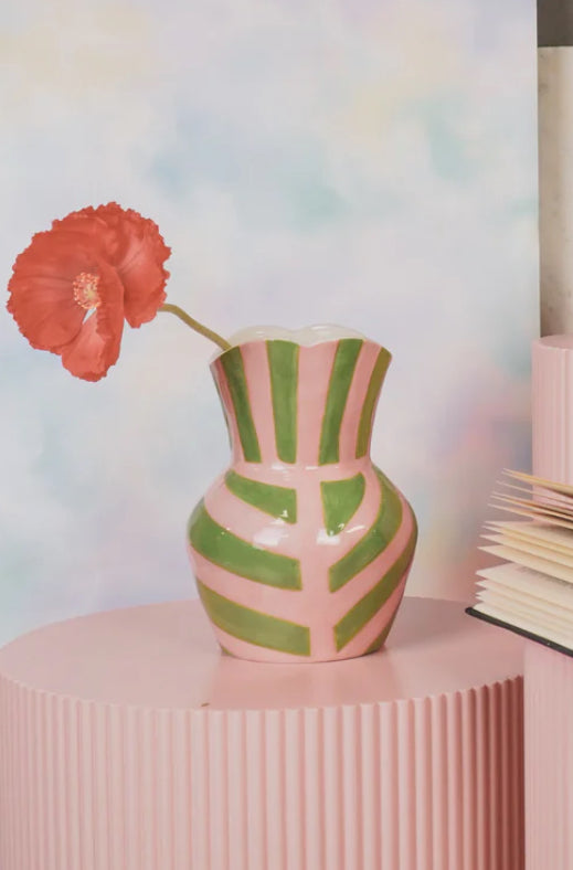 Lyserød og grøn stribet vase
