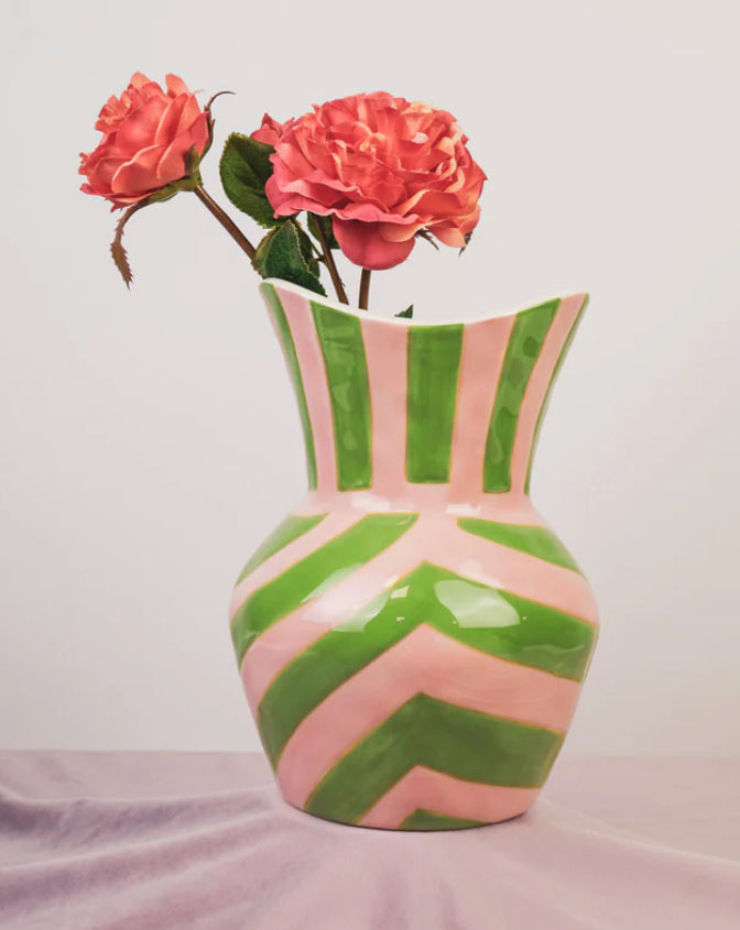 Lyserød og grøn stribet vase