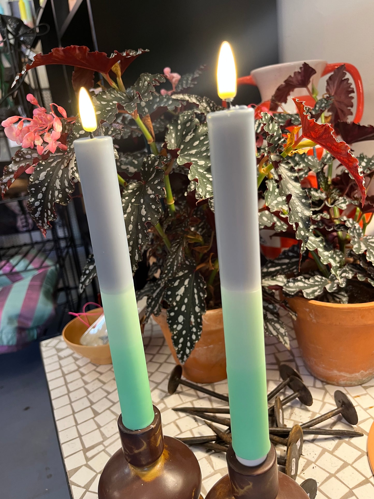 Led stagelys grå/blå og mintgrøn