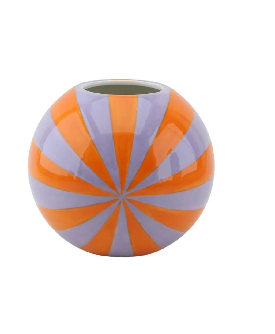 Bolchestribet keramik vase i orange / lilla mindst