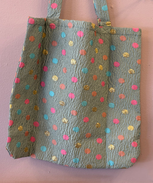 Skuldertaske i brokade resttekstil - oliven grøn med prikker