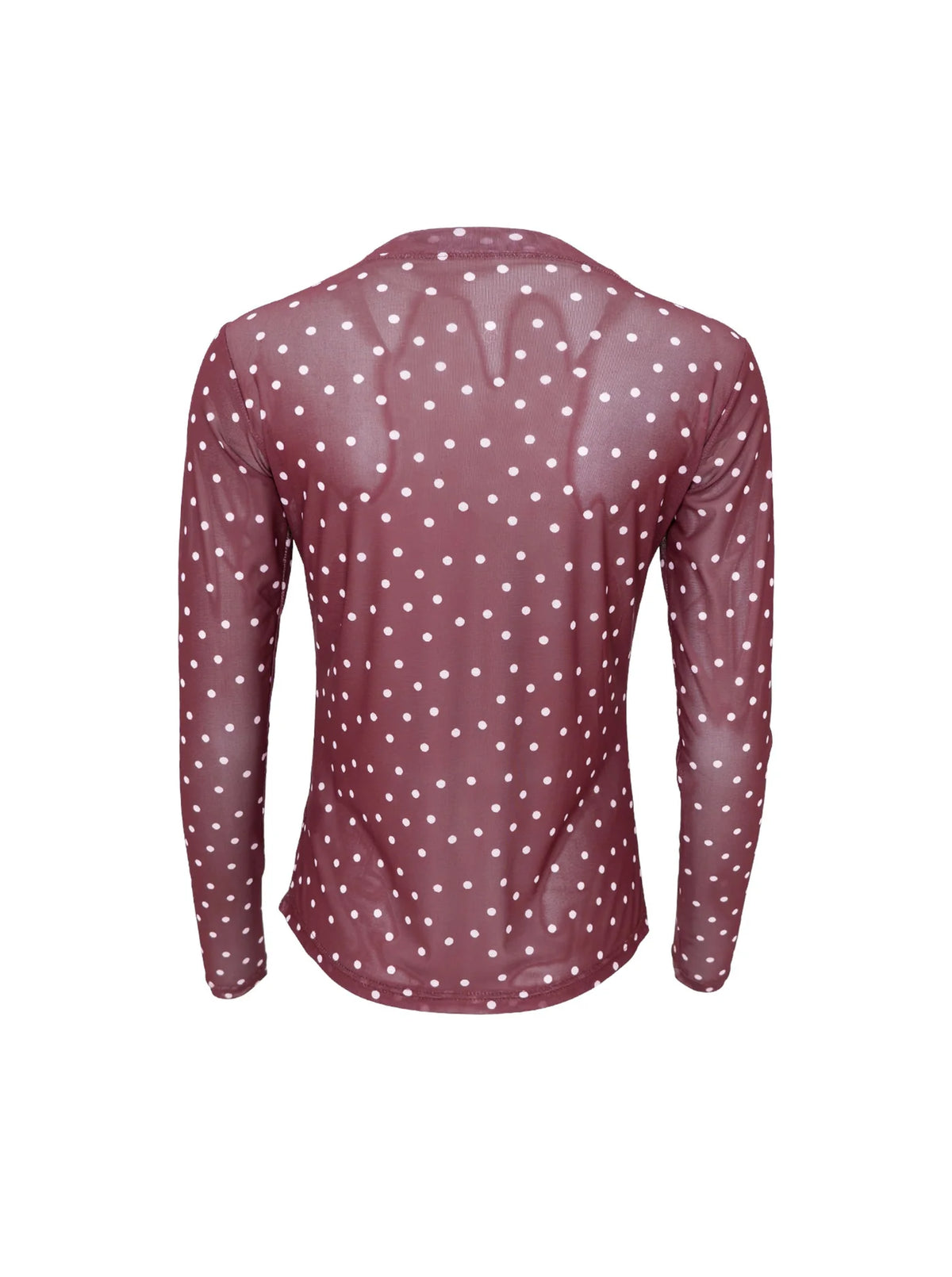 Langærmet mesh bluse med prikker – Blomme farve med med hvide prikker