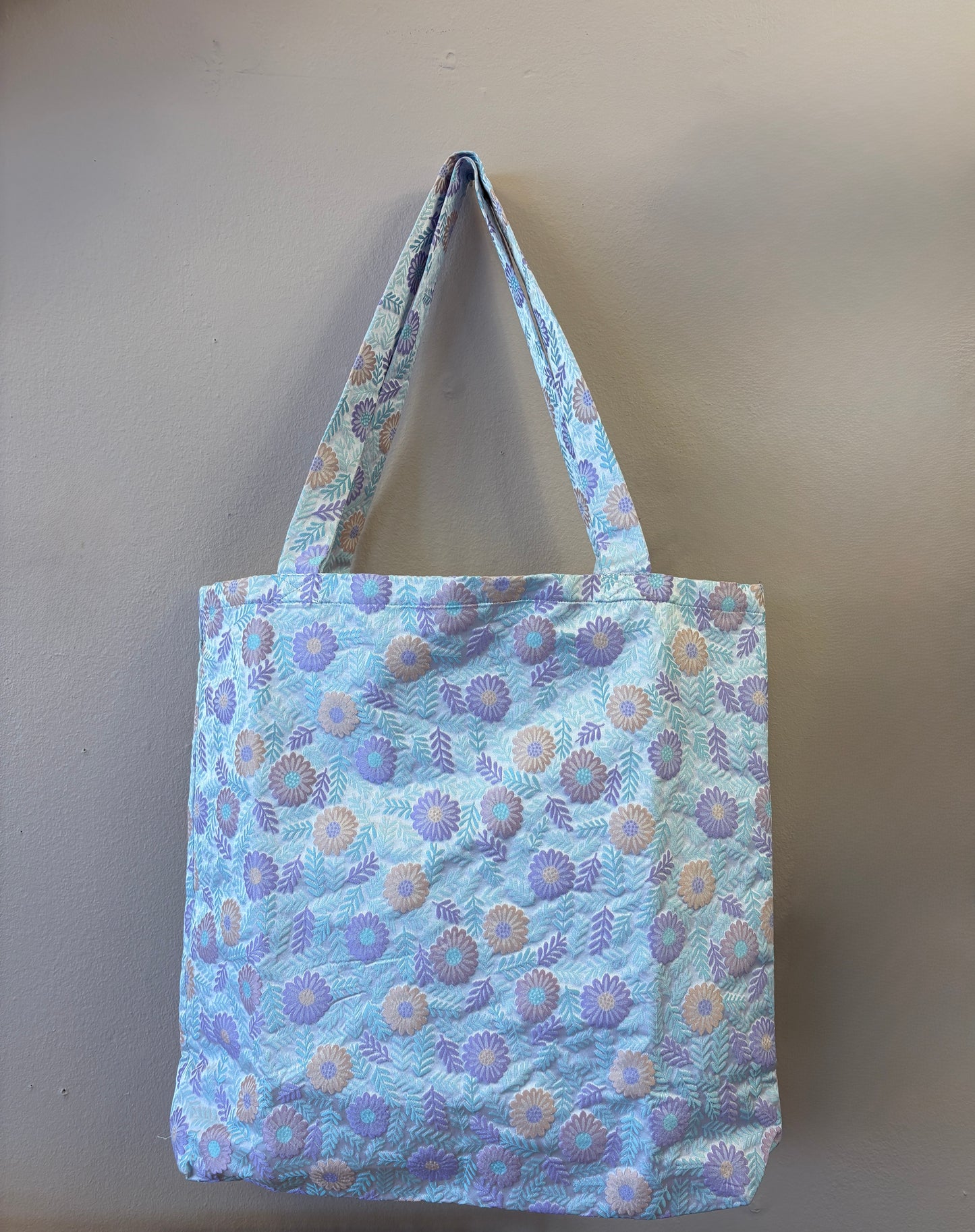 Skuldertaske i brokade resttekstil - med orange og lilla blomster