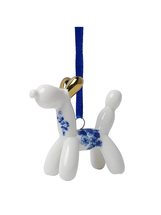 Ballonhund i porcelæn – Juleophæng med blå blomster og gulddetaljer