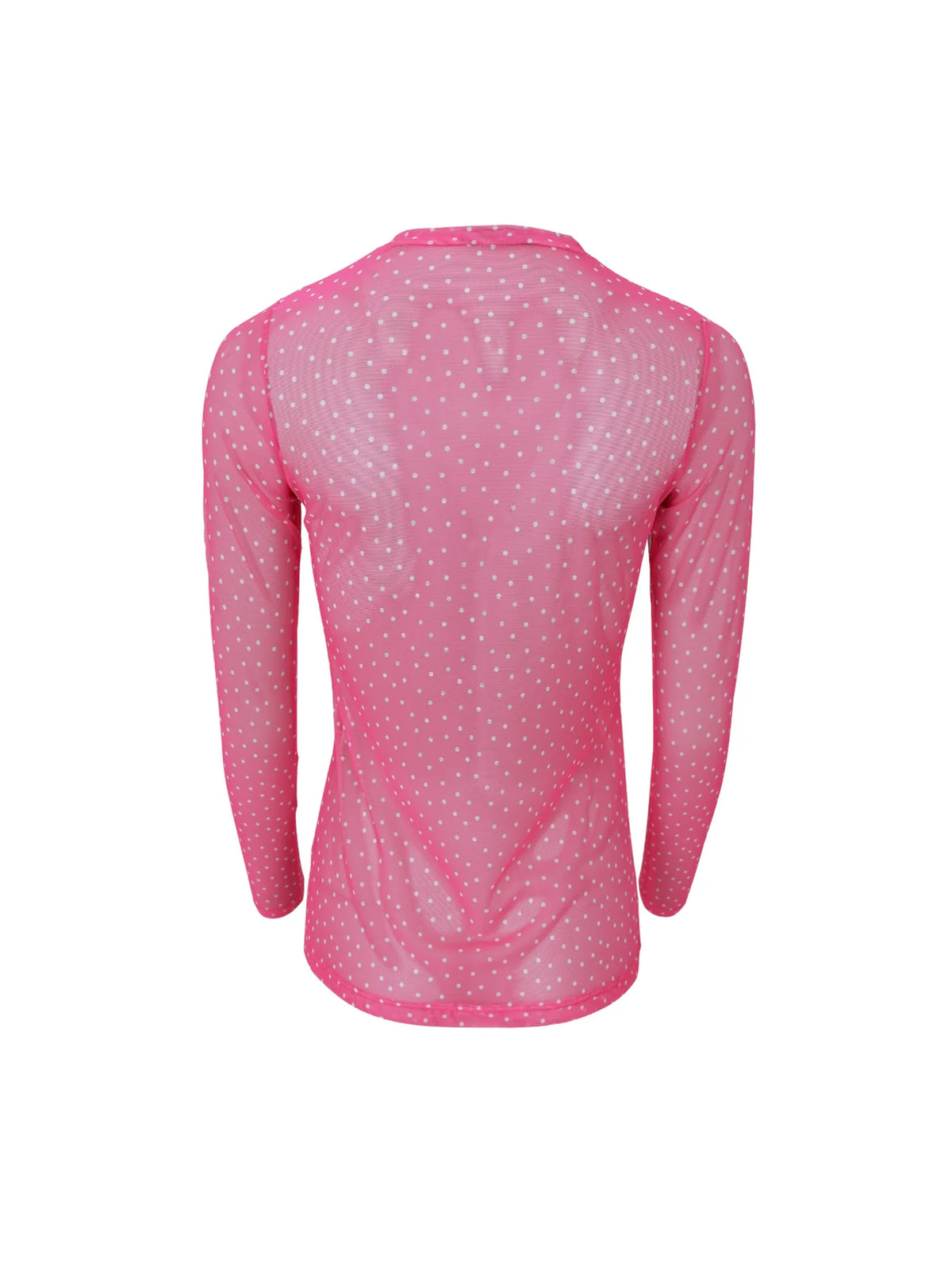 Langærmet mesh bluse med prikker – Pink farve med med hvide prikker