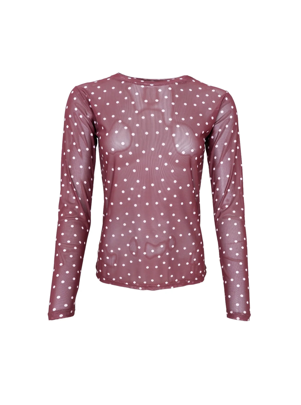 Langærmet mesh bluse med prikker – Blomme farve med med hvide prikker