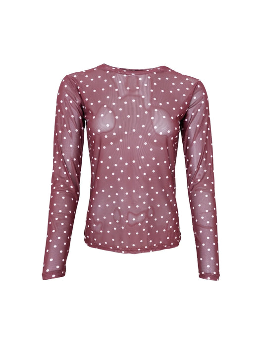 Langærmet mesh bluse med prikker – Blomme farve med med hvide prikker