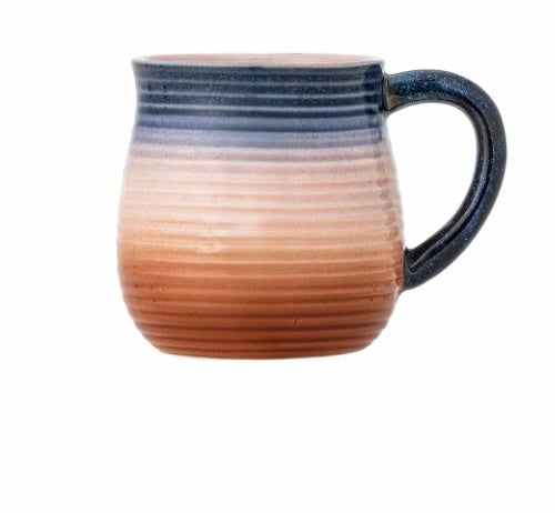 Kop i stentøj med blank glasur, rosa/terrakotta og blå glasur