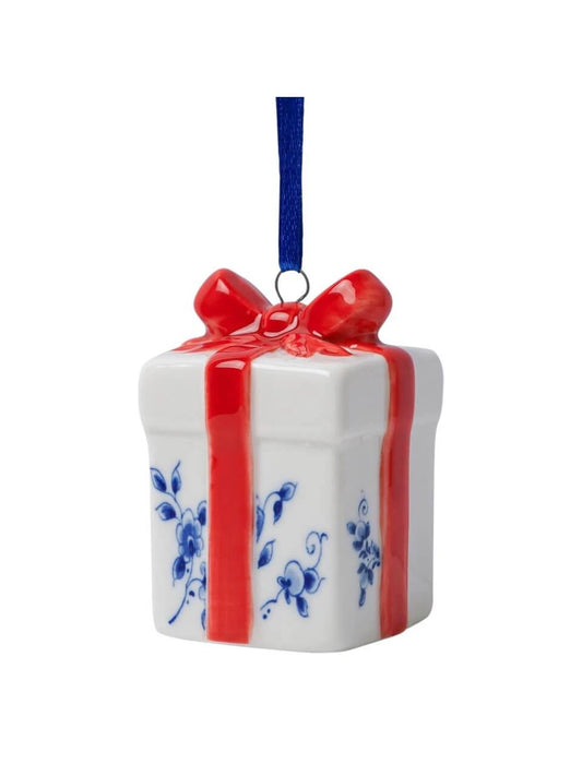 Juleophæng i porcelæn – Gave med rød sløjfe og blå blomster