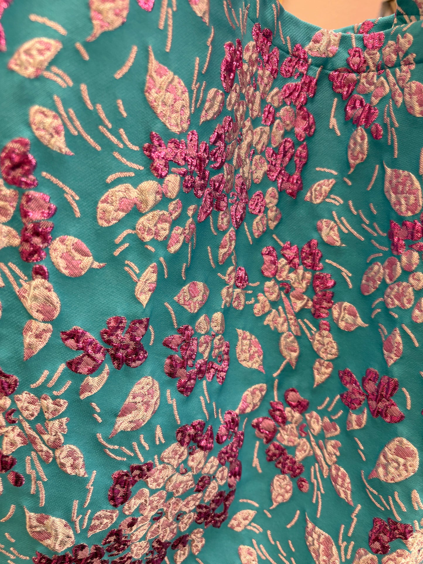 Skuldertaske i brokadetekstil - Turkis med lilla / rosa blomster med sølv