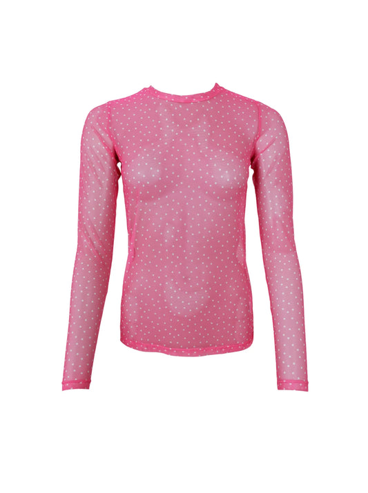 Langærmet mesh bluse med prikker – Pink farve med med hvide prikker