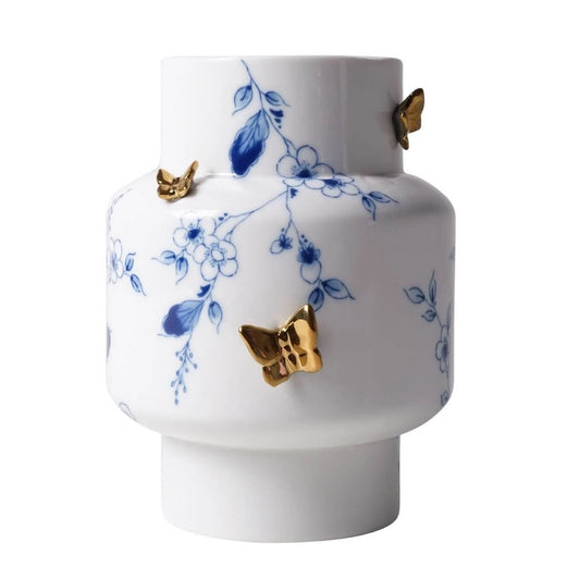 Vase med gyldne 3D-sommerfugle – Med små blå blomstermotiver, 17 cm