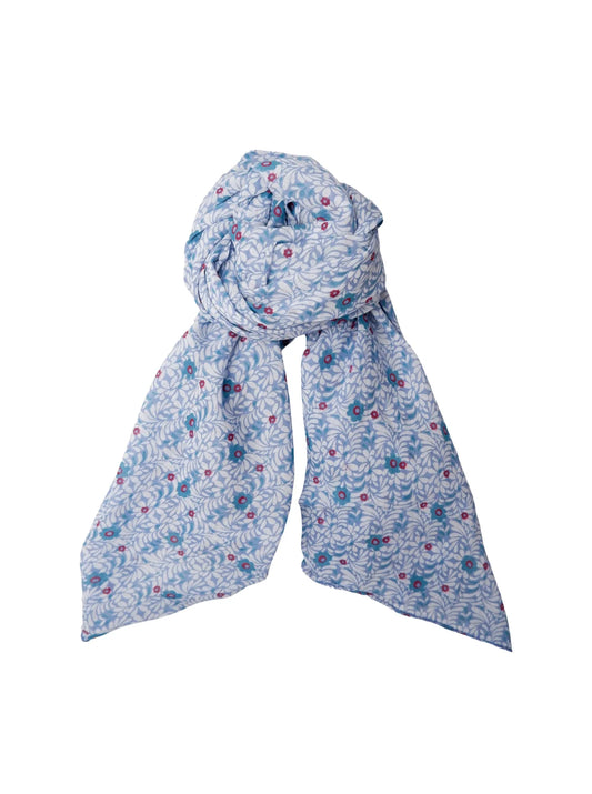 Blåt tørklæde med blomster print i bomuld og silke