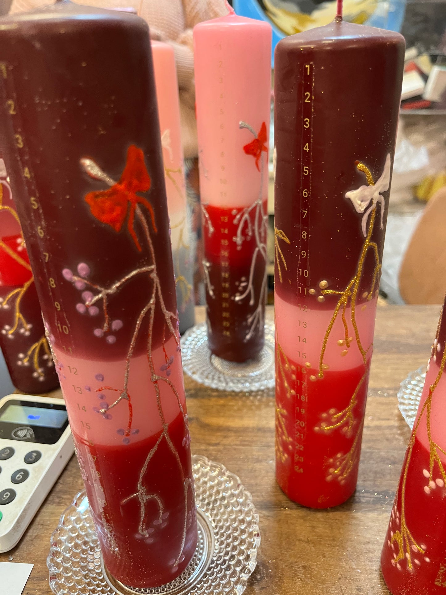 Kalenderlys bodaux, lyserød og klassisk rød