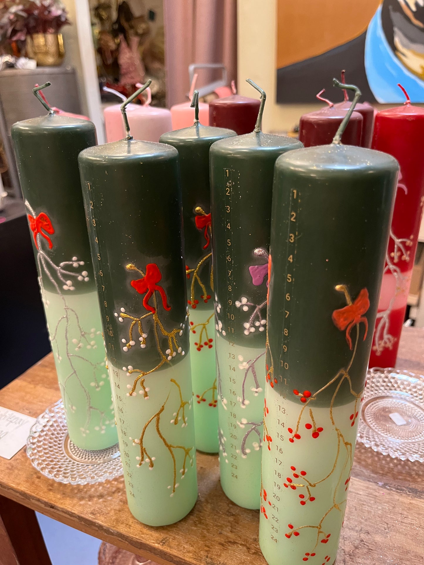 Kalenderlys mørkgrøn og mintgrøn