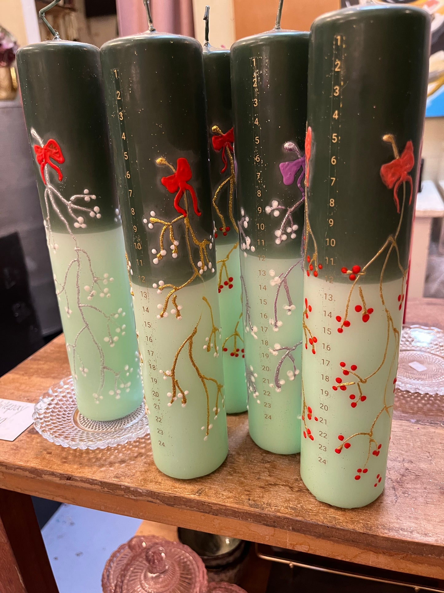 Kalenderlys mørkgrøn og mintgrøn