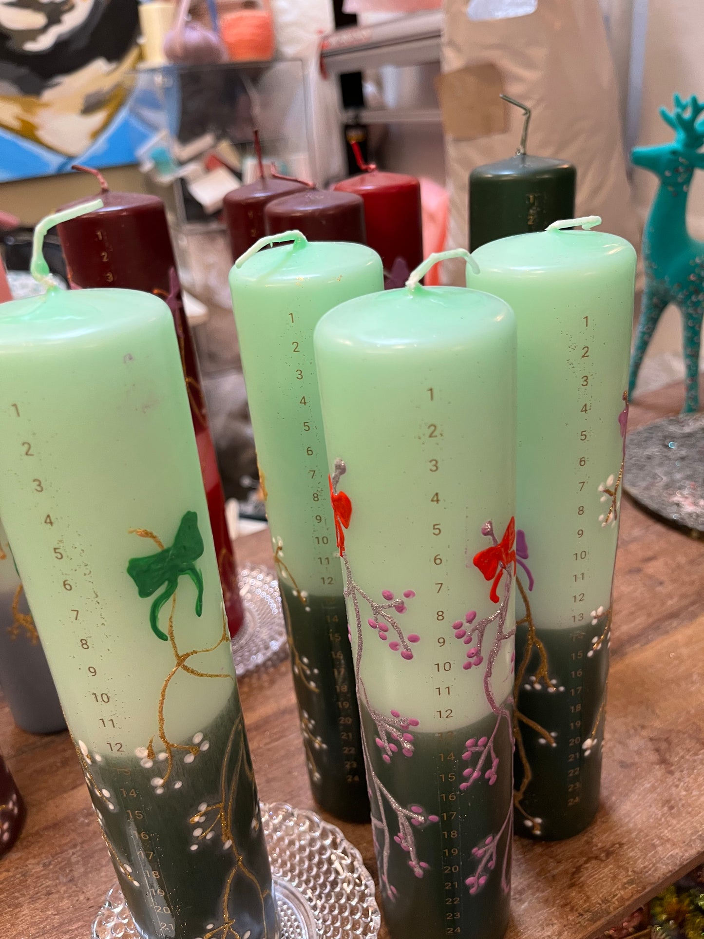 Kalenderlys mintgrøn og mørkgrøn