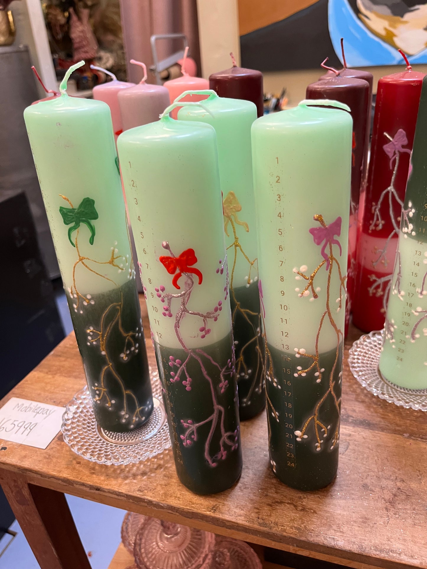 Kalenderlys mintgrøn og mørkgrøn