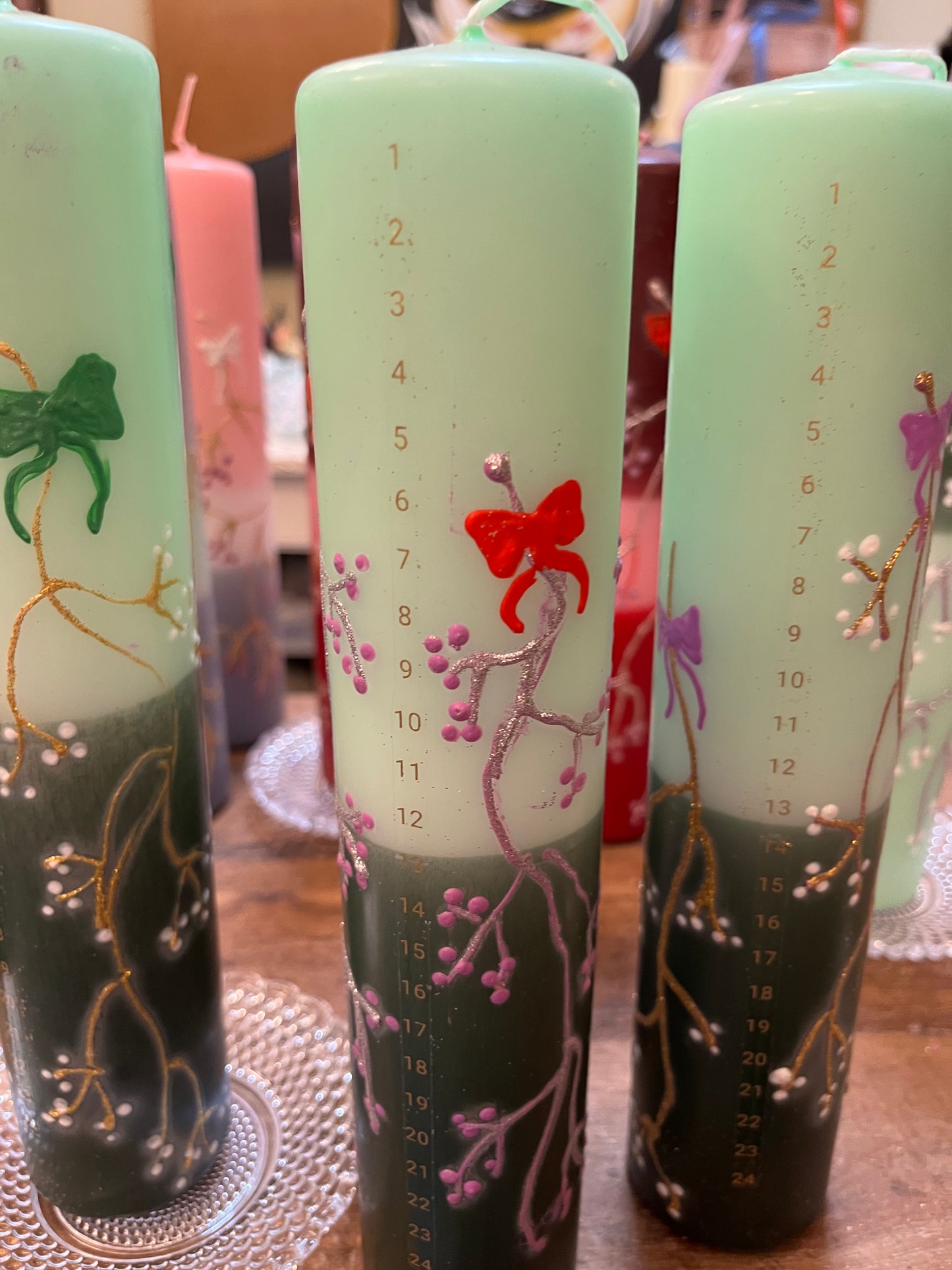 Kalenderlys mintgrøn og mørkgrøn