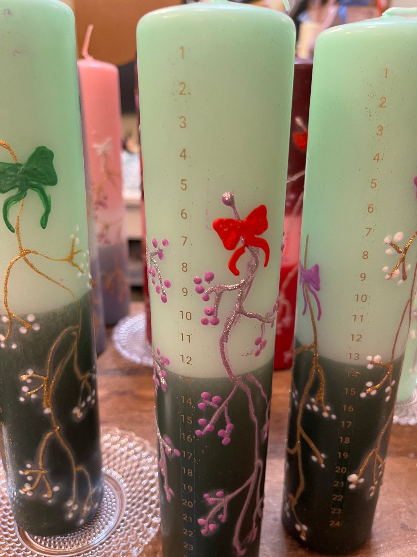 Kalenderlys mintgrøn og mørkgrøn