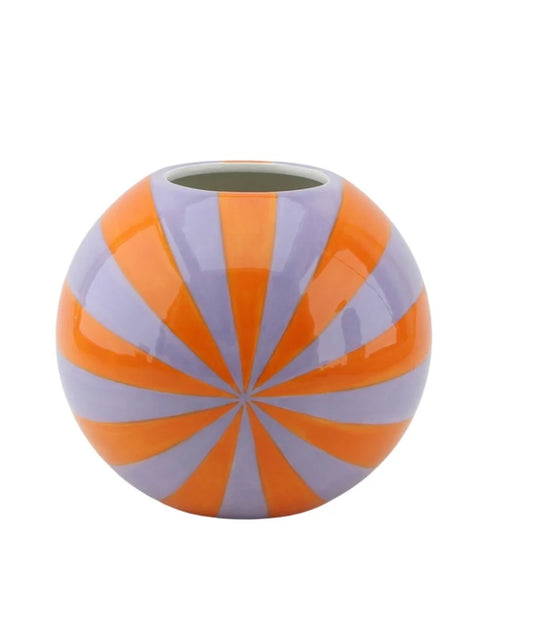Bolchestribet keramik vase i orange / lilla størst